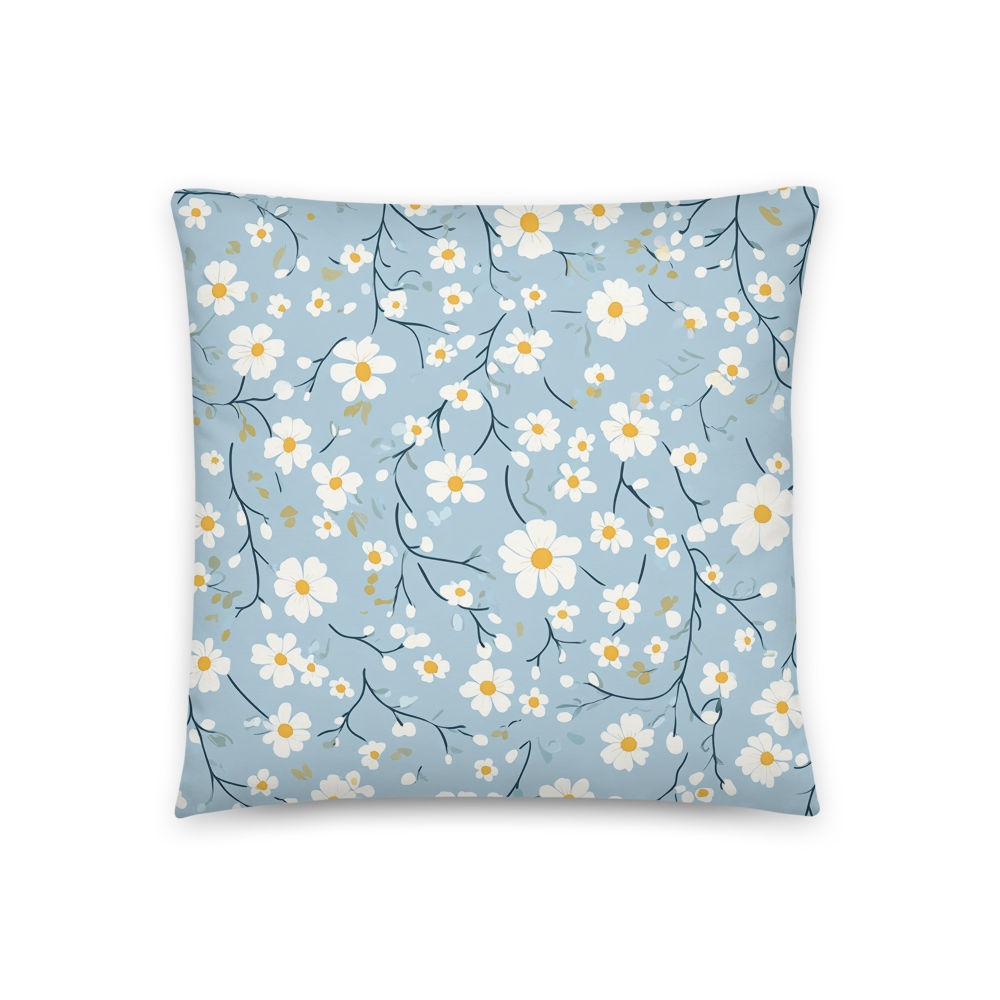 Pale Blue Floral Pillow – Soft Basic Pillow with White & Yellow Flowers